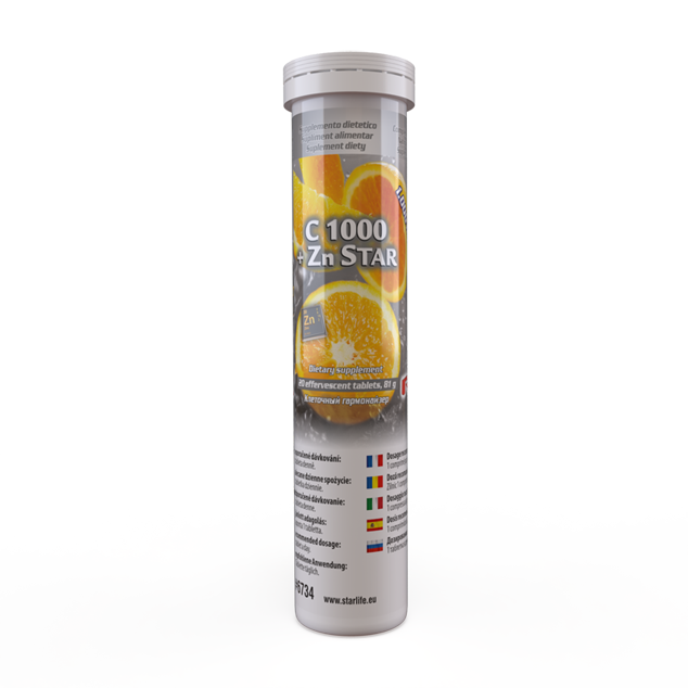 C 1000 + Zn STAR, 20 šumivých tablet s vitamínem C a zinkem pro imunitu.